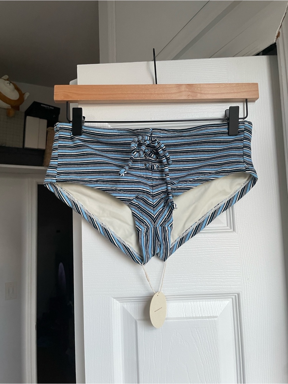 Blue Striped Lace Up Cheeky Boyshorts Bikini Bottom